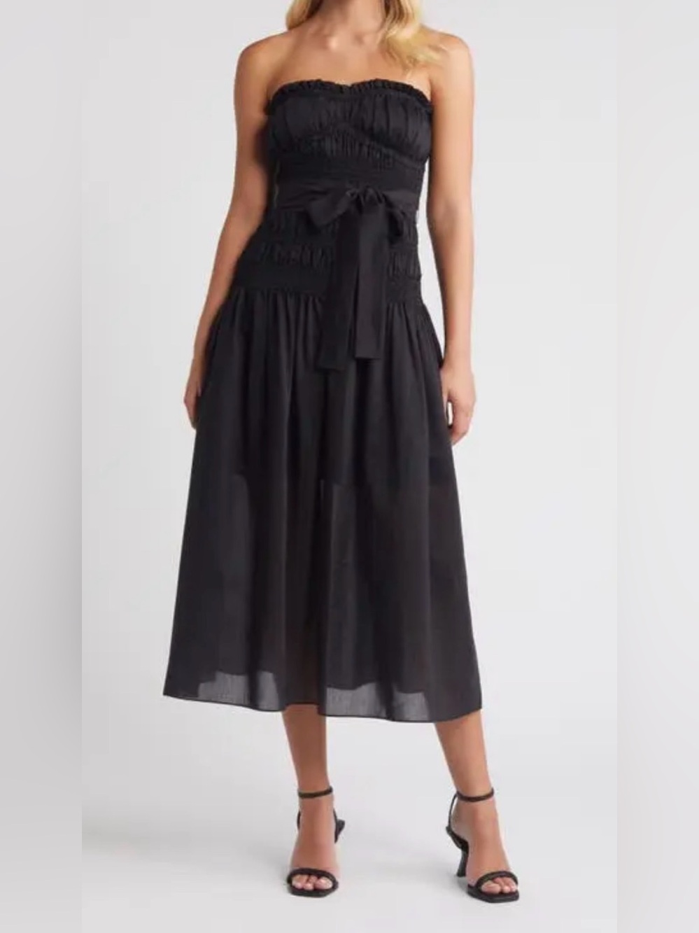 Moon River Smocked Strapless Black Midi Dress - Picture 2 of 15